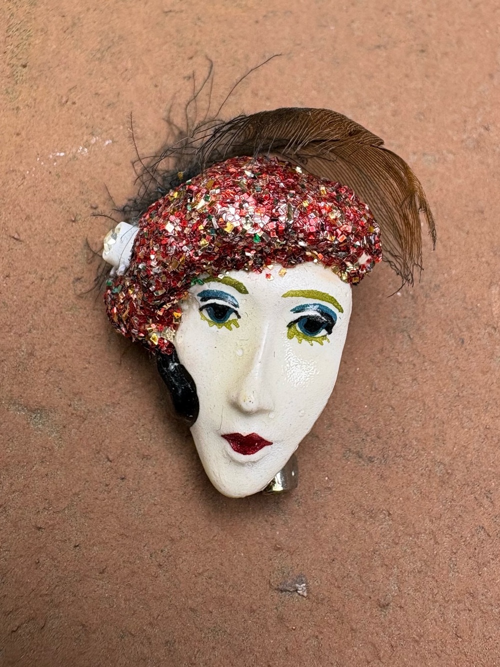 Vintage Red Glitter and Feather Flapper Face Brooch
